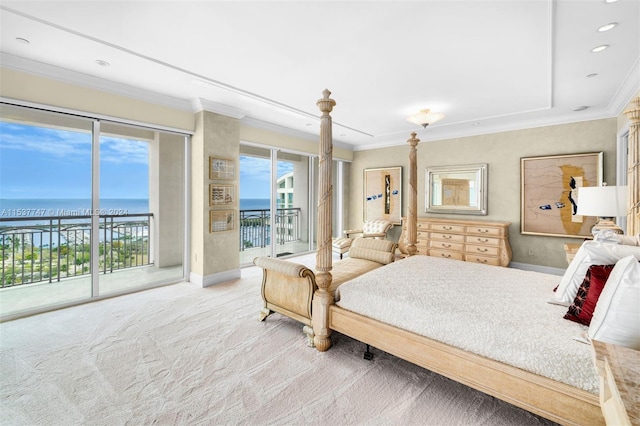 carpeted bedroom with a water view, ornamental molding, access to exterior, and multiple windows