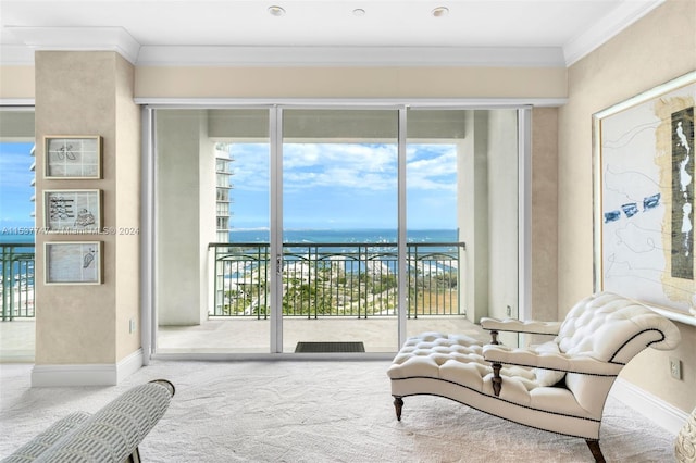 living area featuring light carpet, a water view, crown molding, and a wealth of natural light