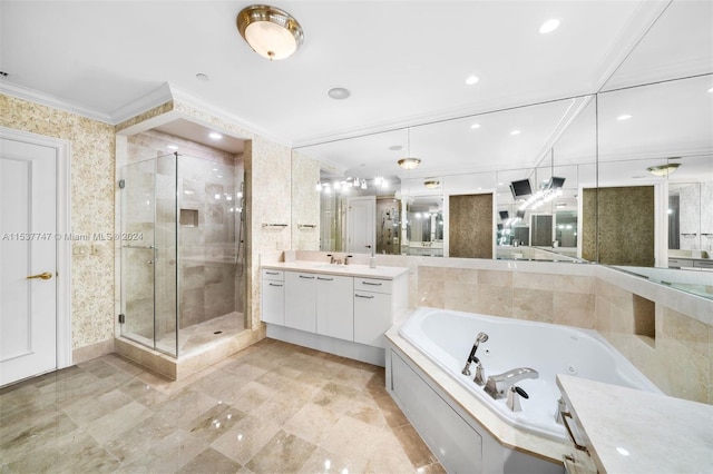 bathroom featuring vanity, shower with separate bathtub, and tile flooring