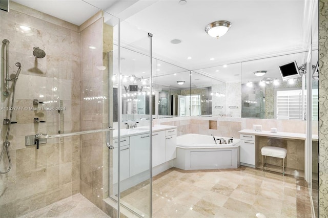 bathroom with tile walls, plus walk in shower, tile floors, and vanity