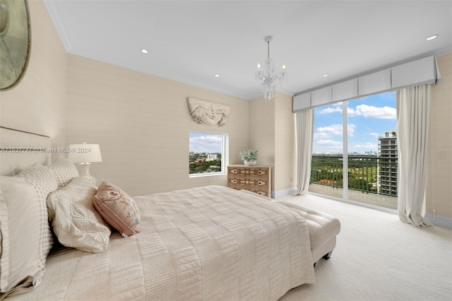 bedroom featuring light carpet, ornamental molding, access to outside, and an inviting chandelier