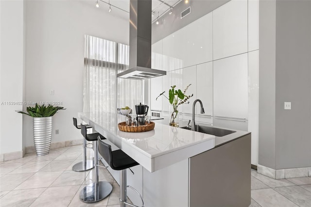 kitchen featuring sink, light stone counters, ventilation hood, rail lighting, and white cabinetry