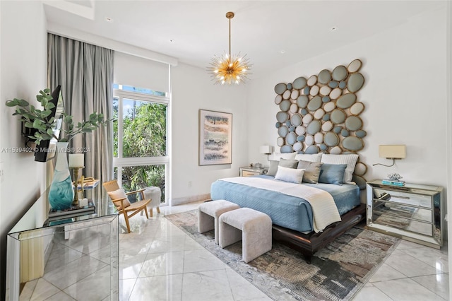 bedroom with a chandelier, light tile floors, and multiple windows