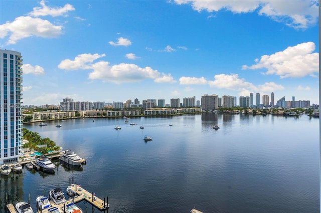 property view of water with a dock