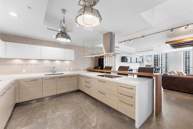 kitchen with light brown cabinetry, dark tile floors, sink, rail lighting, and backsplash