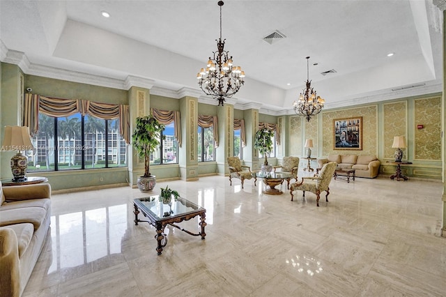 interior space with a chandelier, a raised ceiling, ornamental molding, and light tile floors