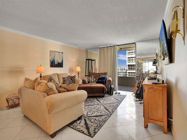 tiled living room featuring crown molding, a textured ceiling, and a wall of windows