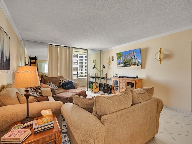 living room featuring crown molding, a textured ceiling, and light tile floors