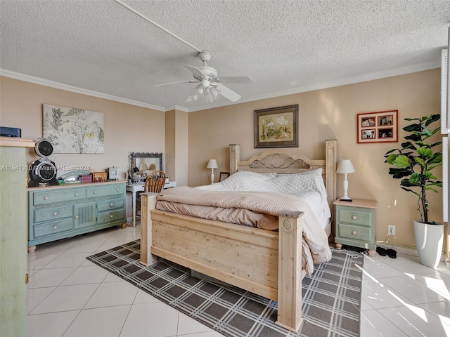 bedroom with ceiling fan, light tile floors, a textured ceiling, and crown molding