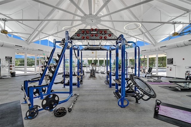 gym featuring high vaulted ceiling, ceiling fan, and a healthy amount of sunlight