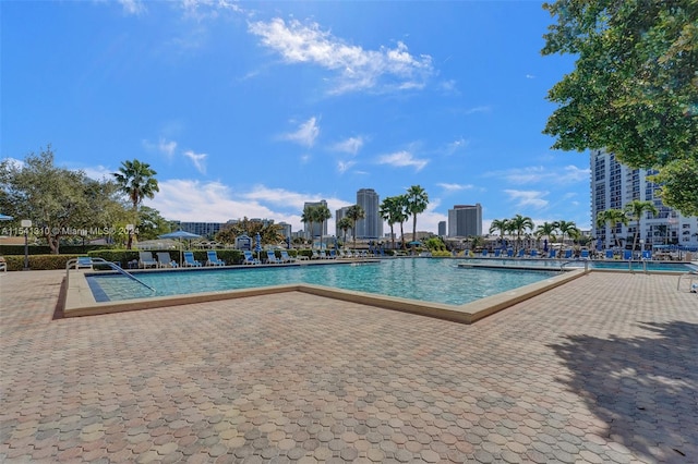 view of swimming pool with a patio