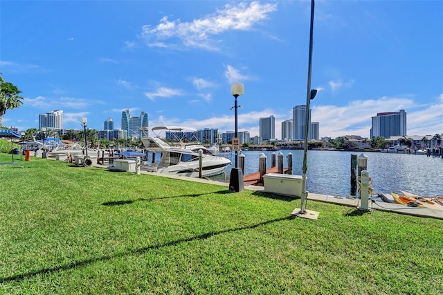 dock area featuring a lawn and a water view