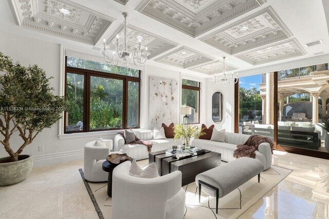 living room featuring baseboards, visible vents, coffered ceiling, and a notable chandelier
