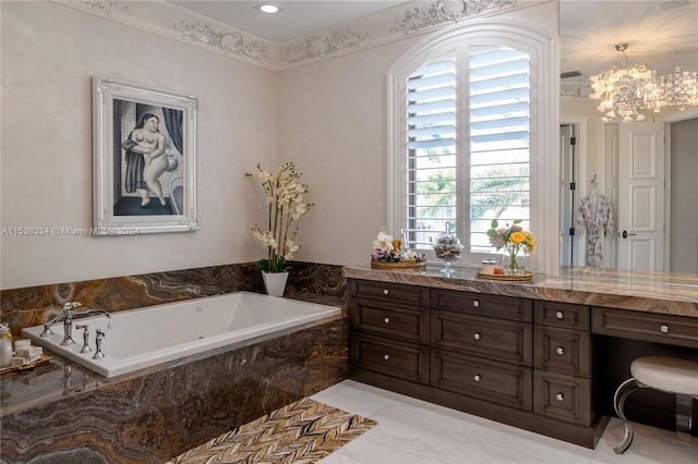 bathroom with tiled tub and vanity