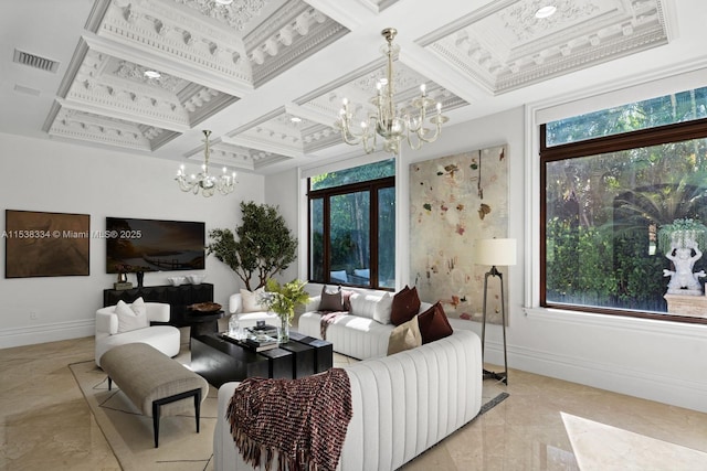 living area featuring baseboards, visible vents, a chandelier, and coffered ceiling