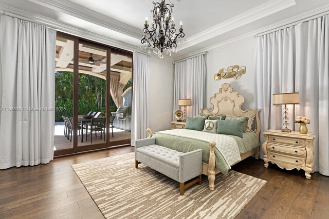 bedroom with access to outside, an inviting chandelier, crown molding, and wood-type flooring