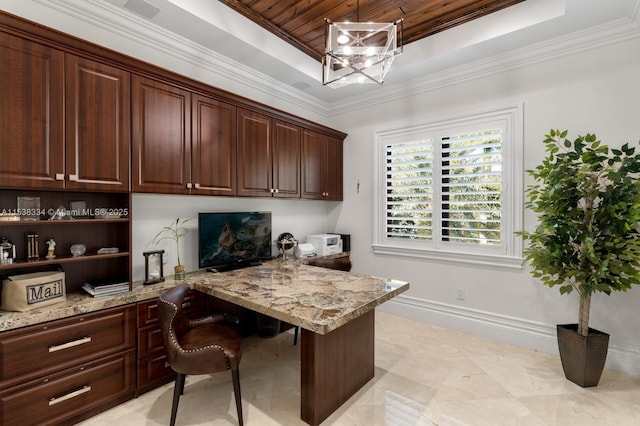 office area featuring built in study area, a tray ceiling, wooden ceiling, ornamental molding, and baseboards