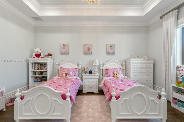 bedroom with a raised ceiling, dark wood-type flooring, and crown molding