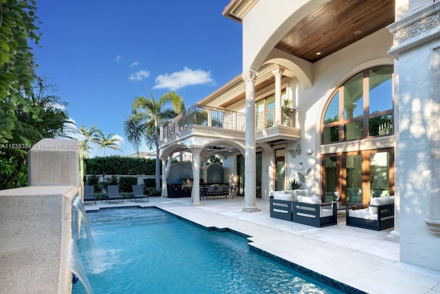 view of pool featuring an outdoor hangout area, a fenced in pool, a patio, and french doors