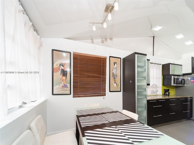 bedroom featuring track lighting and vaulted ceiling