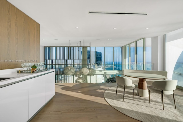 kitchen featuring white cabinets, expansive windows, and light wood-type flooring