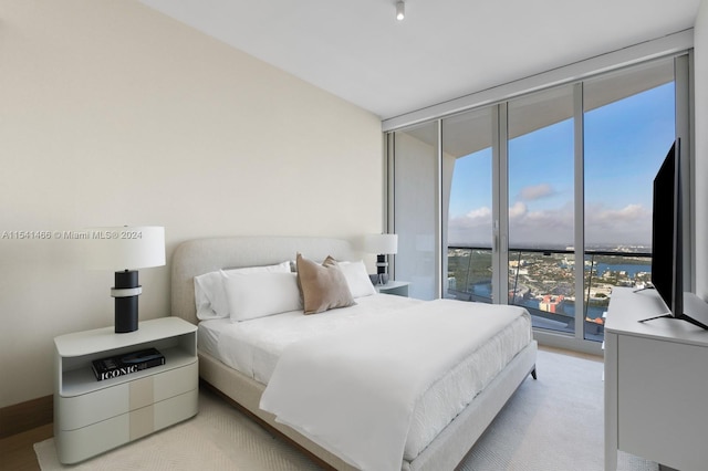 bedroom featuring a water view, a wall of windows, and access to exterior