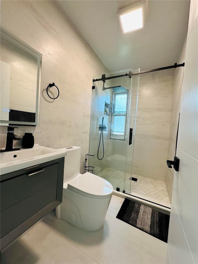 bathroom with walk in shower, toilet, vanity, and tile flooring