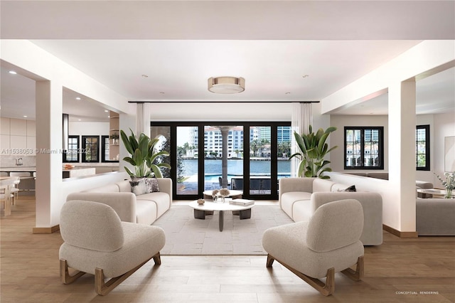 living room featuring a healthy amount of sunlight and light hardwood / wood-style flooring