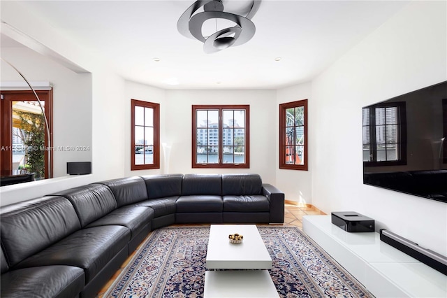 living room featuring tile patterned flooring