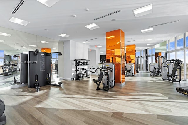 workout area featuring floor to ceiling windows and light wood-type flooring