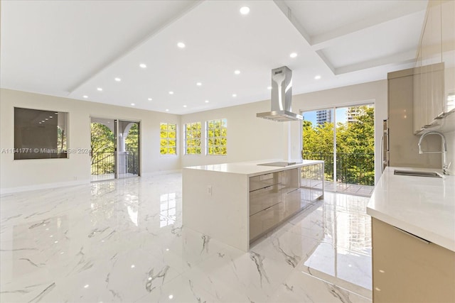 kitchen with black electric cooktop, sink, light tile floors, a center island with sink, and island exhaust hood