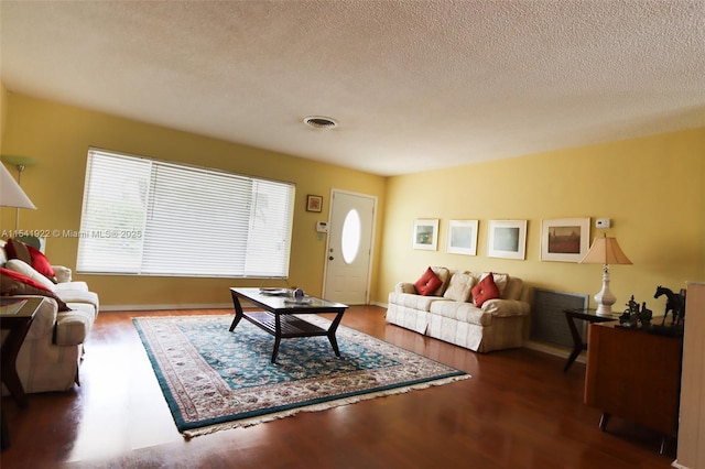 living room featuring a textured ceiling and dark wood-type flooring