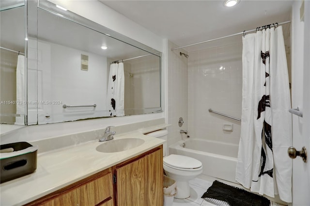 full bathroom featuring tile patterned flooring, toilet, vanity, and shower / tub combo with curtain