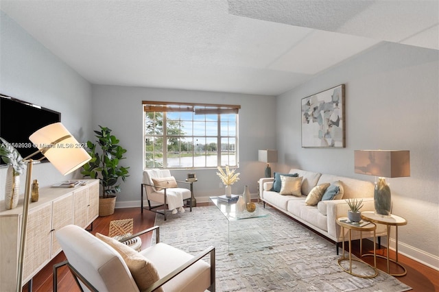 living room with a textured ceiling and hardwood / wood-style flooring