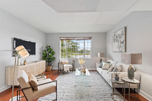 living room with a textured ceiling and hardwood / wood-style flooring