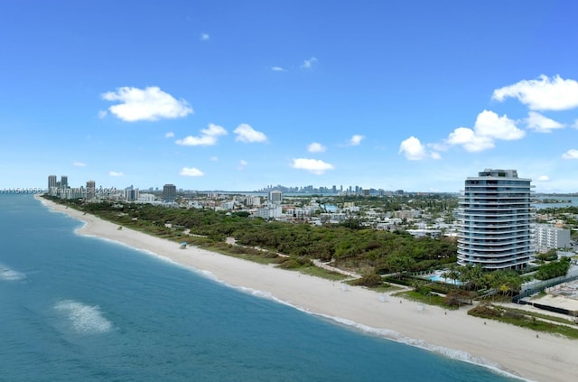 bird's eye view featuring a water view and a view of the beach