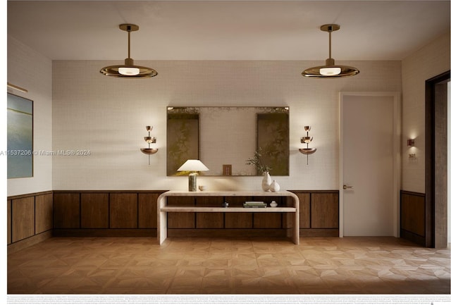 bathroom featuring parquet floors and a bathtub