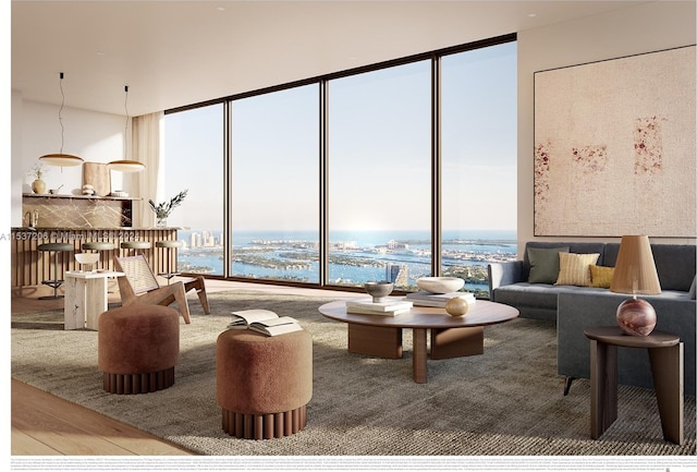 living room with a water view, floor to ceiling windows, and dark wood-type flooring