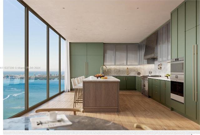 kitchen with oven, custom exhaust hood, a water view, green cabinets, and tasteful backsplash