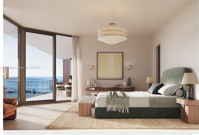 bedroom with light wood-type flooring, floor to ceiling windows, access to exterior, and a water view