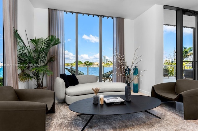 living room featuring a wall of windows and a water view