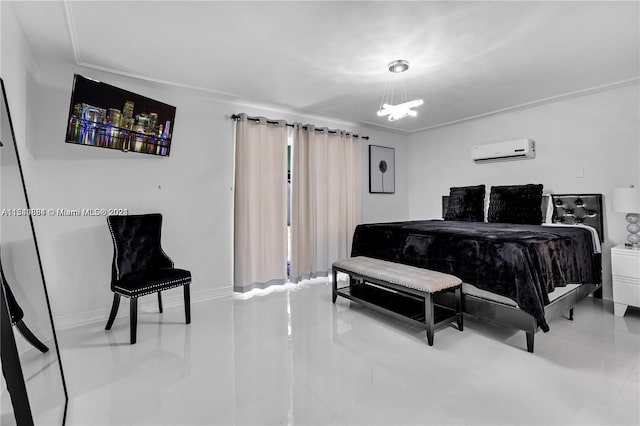 tiled bedroom with a wall unit AC, crown molding, and a chandelier