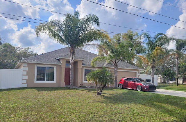 view of front of property featuring a garage and a front lawn