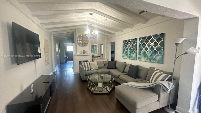 living room featuring a notable chandelier, a textured ceiling, dark hardwood / wood-style floors, and lofted ceiling with beams