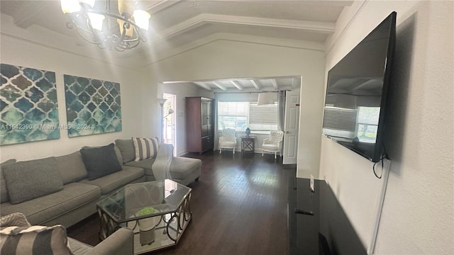 living room featuring vaulted ceiling, dark wood-type flooring, and an inviting chandelier