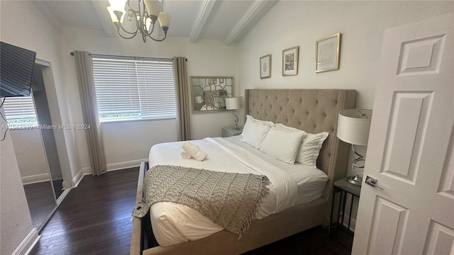 bedroom featuring dark hardwood / wood-style floors, a notable chandelier, and beamed ceiling