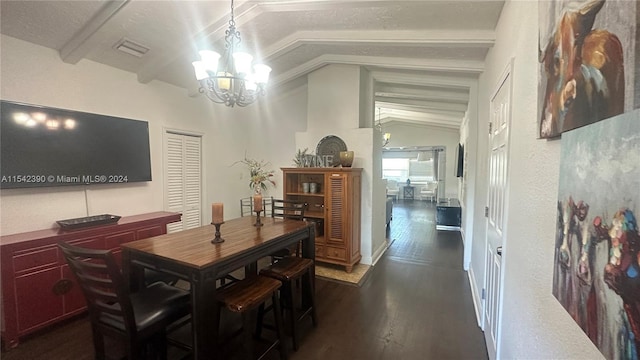 dining space with vaulted ceiling with beams, dark wood-type flooring, and an inviting chandelier