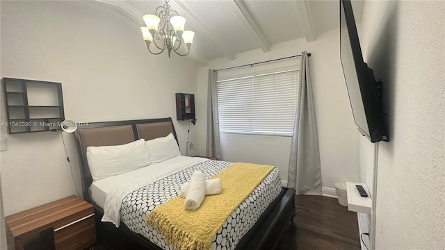 bedroom featuring dark wood-type flooring, a notable chandelier, and beamed ceiling