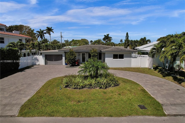 view of front of house featuring a garage and a front lawn