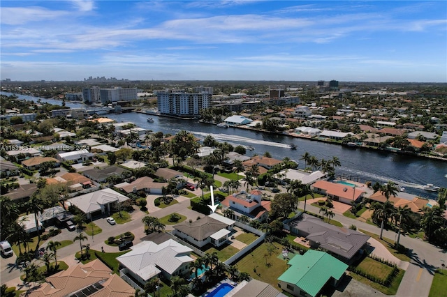 bird's eye view with a water view